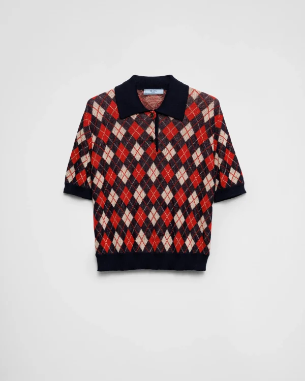 Knitwear*Prada Argyle knit cotton polo shirt Navy