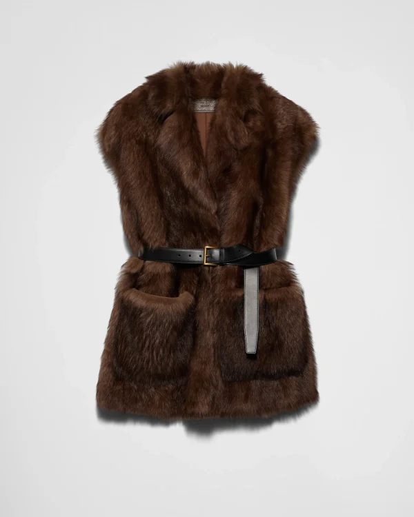 Leather Clothing*Prada Belted shearling vest Mahoghany