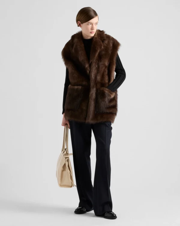 Leather Clothing*Prada Belted shearling vest Mahoghany