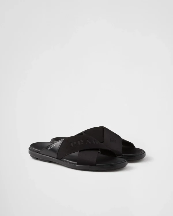 Sandals*Prada Brushed leather and Re-Nylon tape crisscross slides Black