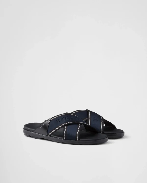 Sandals*Prada Brushed leather and Re-Nylon tape crisscross slides Black/ultramarine