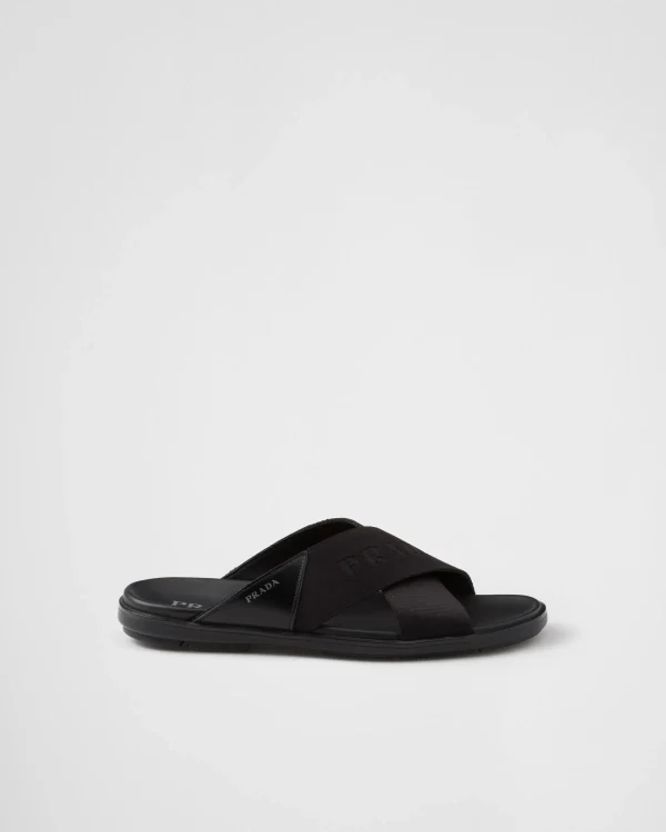 Sandals*Prada Brushed leather and Re-Nylon tape crisscross slides Black