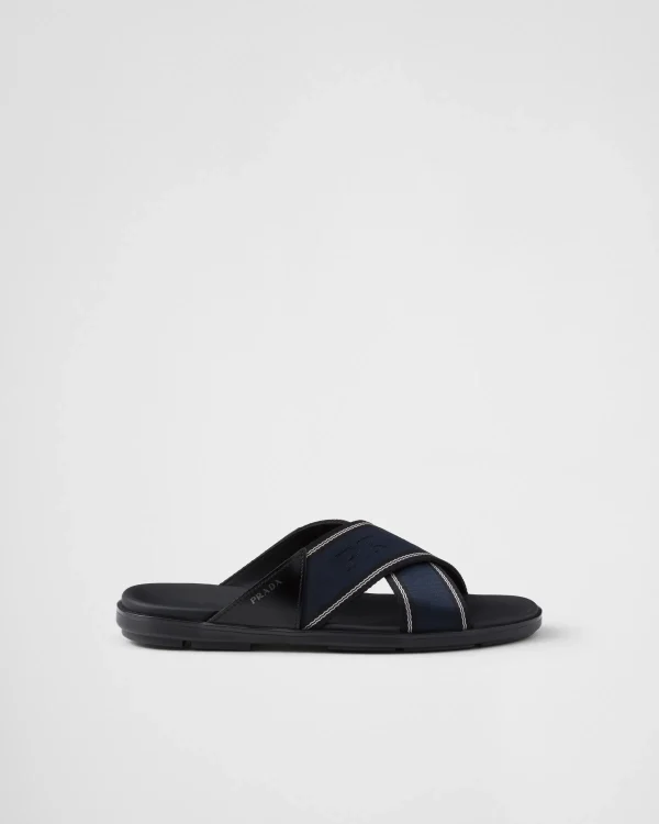 Sandals*Prada Brushed leather and Re-Nylon tape crisscross slides Black/ultramarine