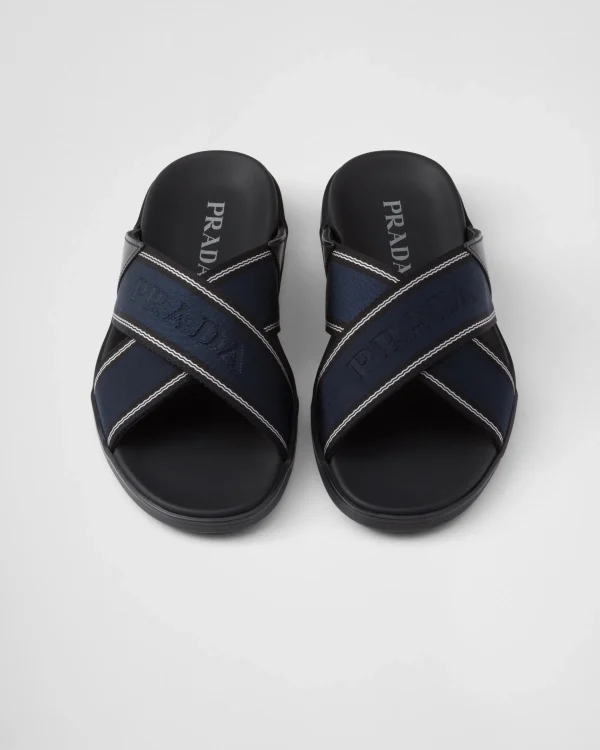 Sandals*Prada Brushed leather and Re-Nylon tape crisscross slides Black/ultramarine