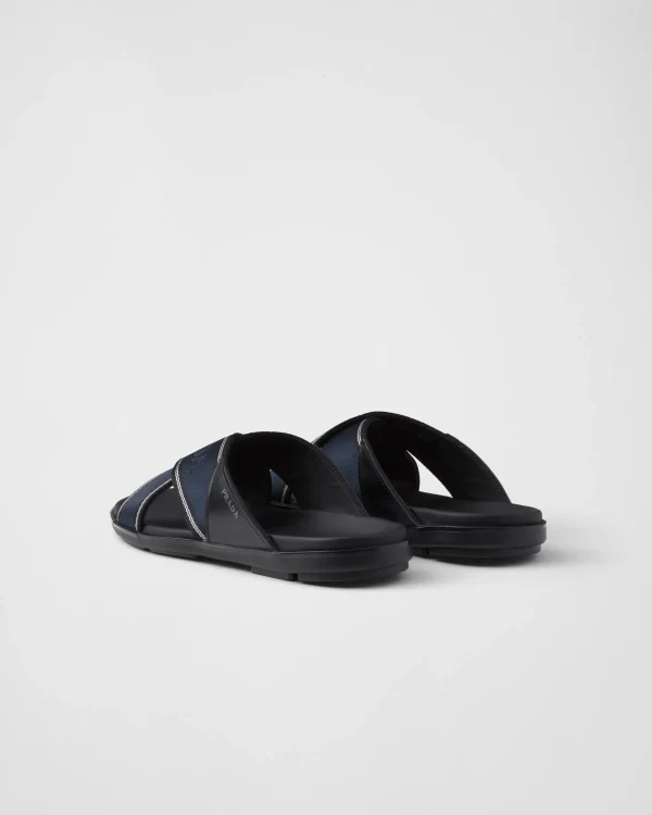 Sandals*Prada Brushed leather and Re-Nylon tape crisscross slides Black/ultramarine