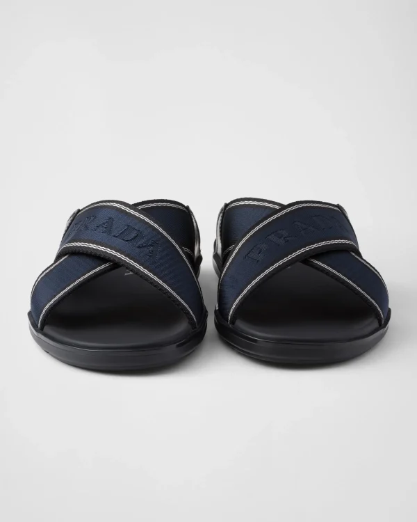 Sandals*Prada Brushed leather and Re-Nylon tape crisscross slides Black/ultramarine