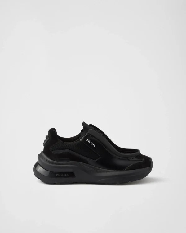 Sneakers*Prada Brushed leather, bike fabric, and suede sneakers Black