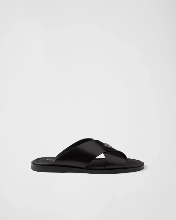 Sandals*Prada Brushed leather crisscross slides Black