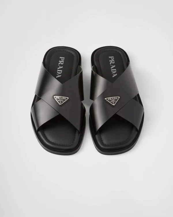 Sandals*Prada Brushed leather crisscross slides Black