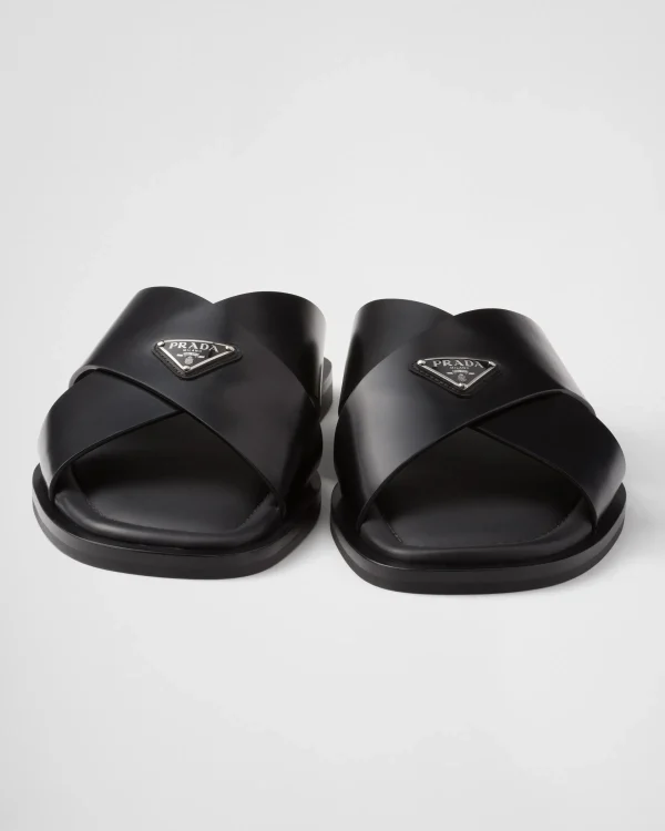 Sandals*Prada Brushed leather crisscross slides Black