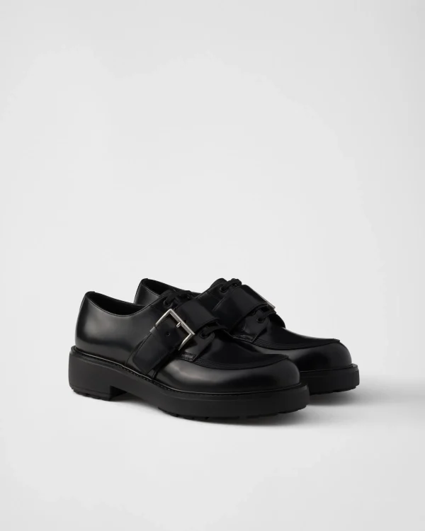 Lace-ups*Prada Brushed leather derby shoes with buckle Black