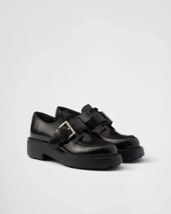 Loafers And Lace-ups*Prada Brushed leather lace-up shoes Black