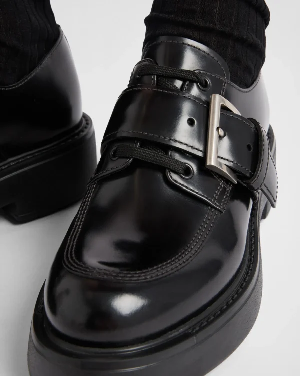 Loafers And Lace-ups*Prada Brushed leather lace-up shoes Black