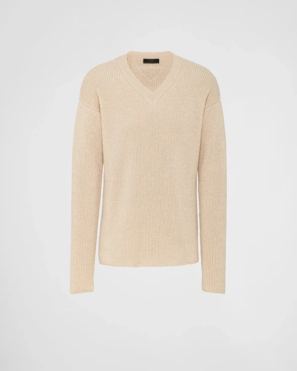 Knitwear*Prada Cashmere and linen V-neck sweater Albinowhite