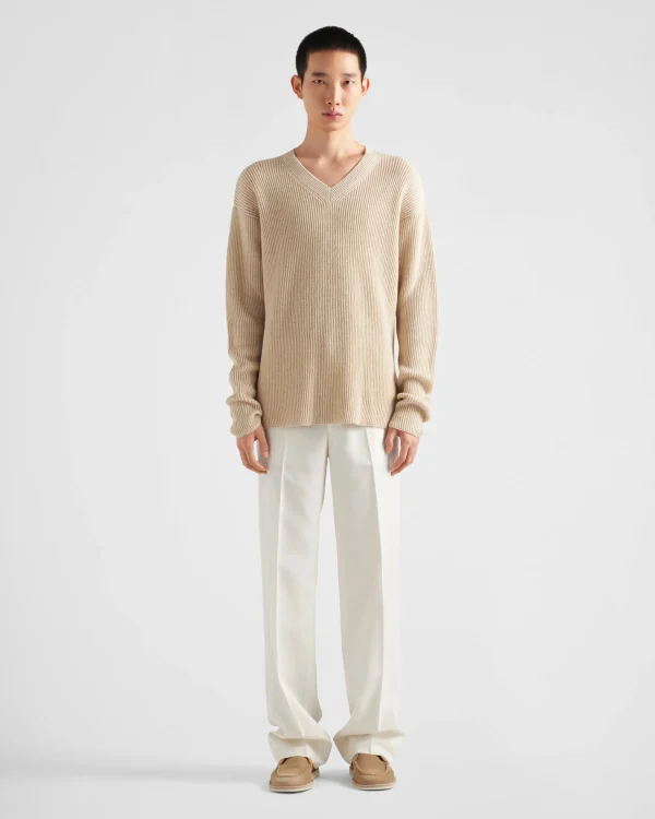 Knitwear*Prada Cashmere and linen V-neck sweater Albinowhite