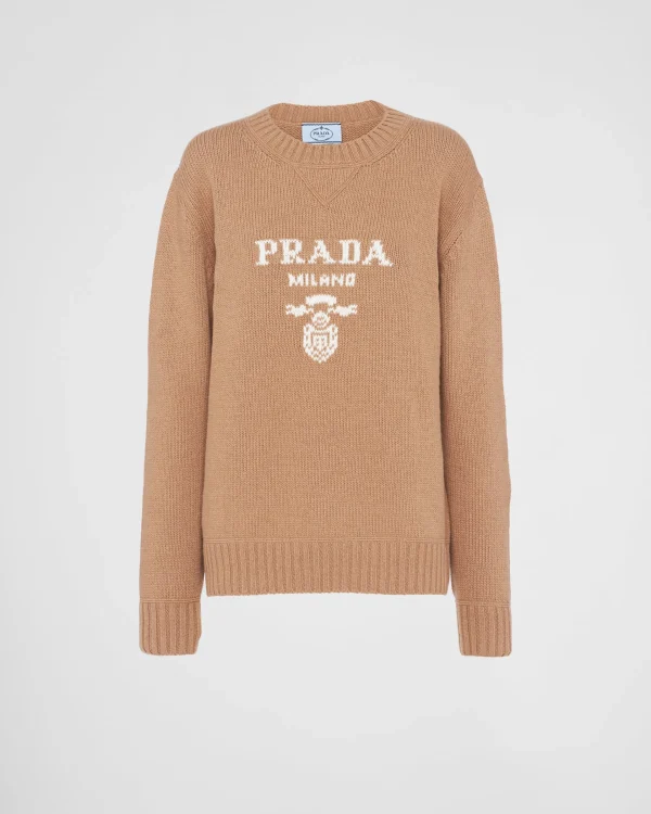 Knitwear*Prada Cashmere and wool logo crew-neck sweater Camelbrown