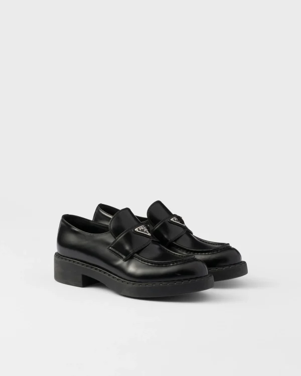 Loafers And Lace-ups*Prada Chocolate brushed leather loafers Black