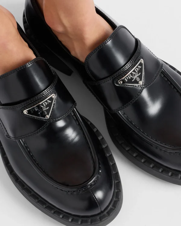 Loafers And Lace-ups*Prada Chocolate brushed leather loafers Black