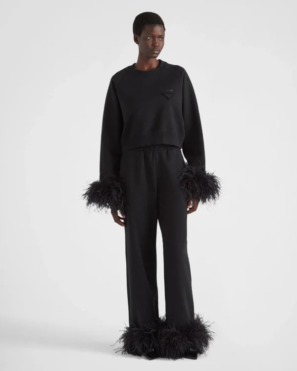 Trousers And Shorts | T-shirts And Sweatshirts*Prada Cotton fleece joggers with feather trim Black