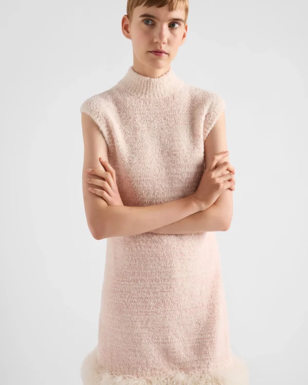 Knitwear*Prada Cotton mini-dress with feathers Alabasterpink