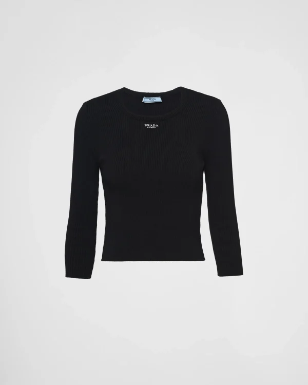 Knitwear*Prada Cotton sweater with embroidered logo Black