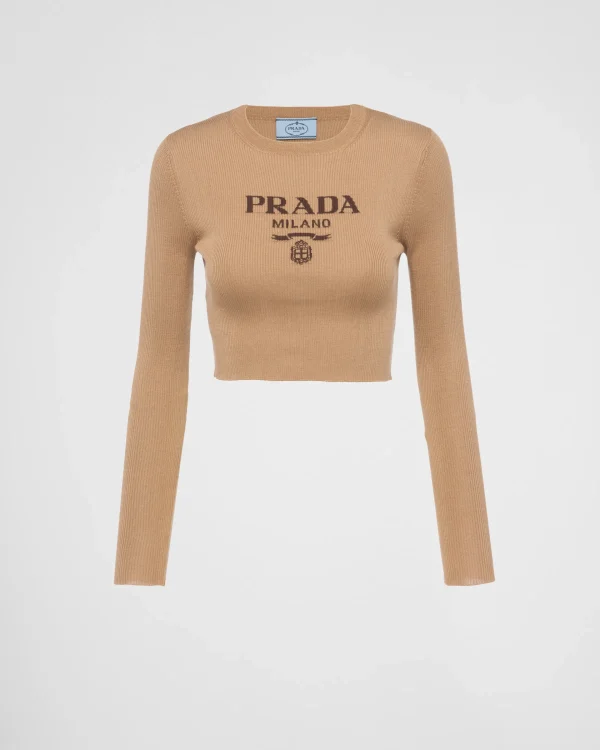 Knitwear*Prada Cropped silk sweater with logo Camelbrown