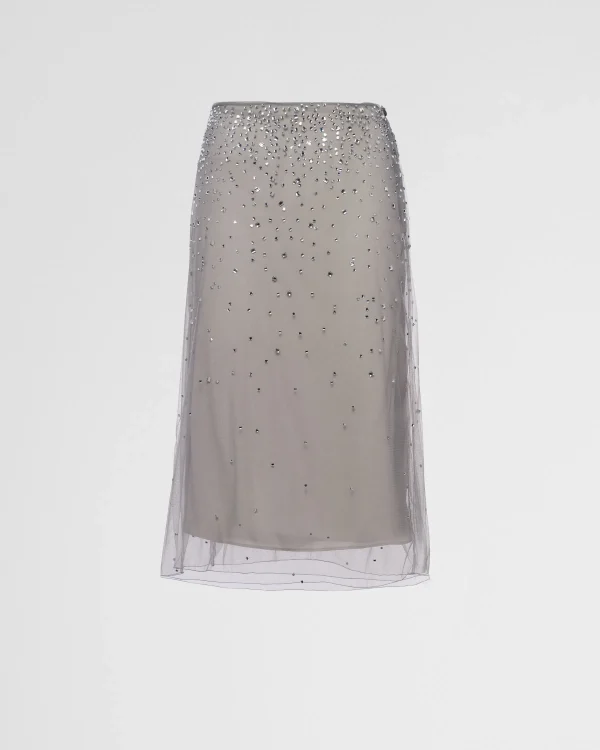 Skirts*Prada Crystal-studded tulle midi-skirt Granitegray