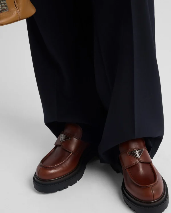 Loafers And Lace-ups*Prada Double Chocolate leather loafers Cognac