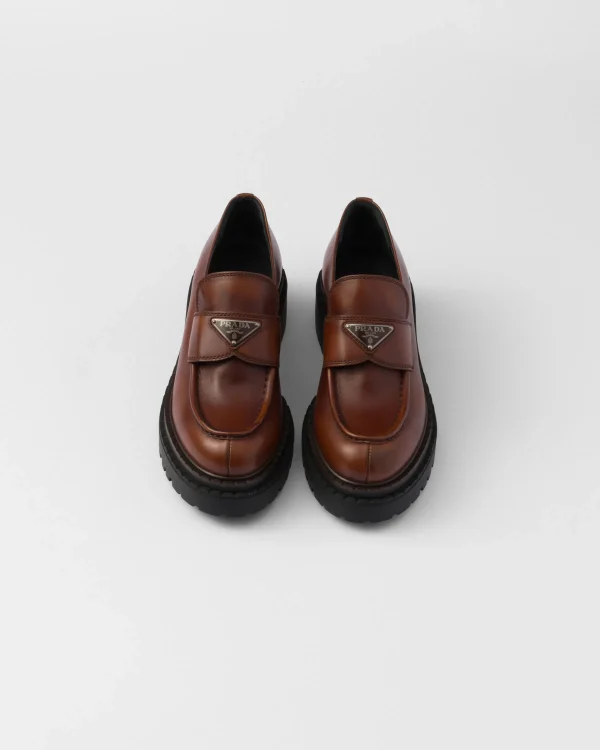 Loafers And Lace-ups*Prada Double Chocolate leather loafers Cognac