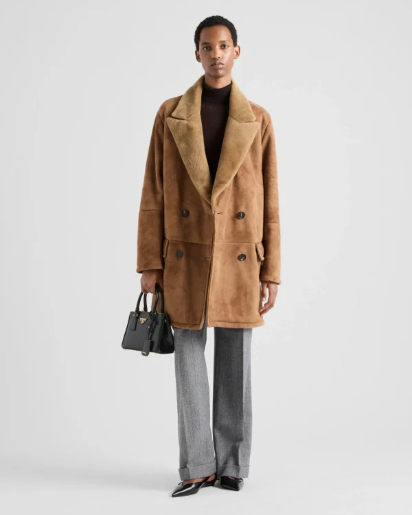 Leather Clothing*Prada Double-breasted shearling coat Camelbrown