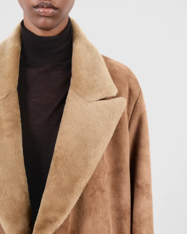 Leather Clothing*Prada Double-breasted shearling coat Camelbrown