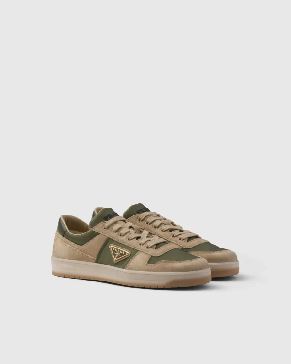 Sneakers*Prada Downtown delavé suede and Re-Nylon sneakers Ecru/military