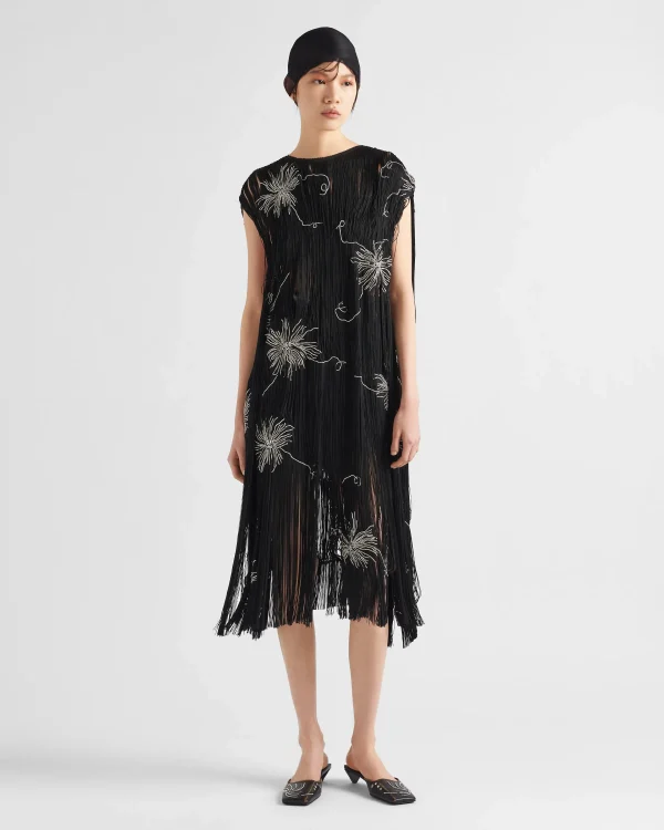 Dresses*Prada Embroidered dress with fringe Black