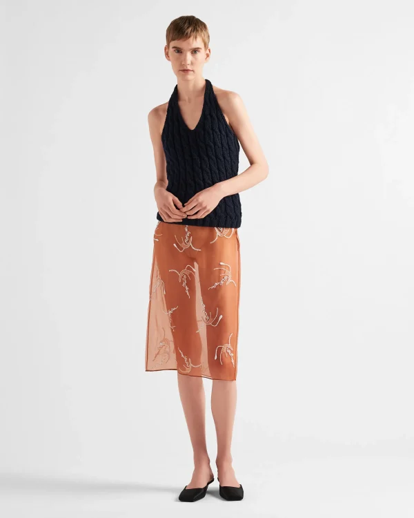 Skirts*Prada Embroidered organza midi-skirt Rust