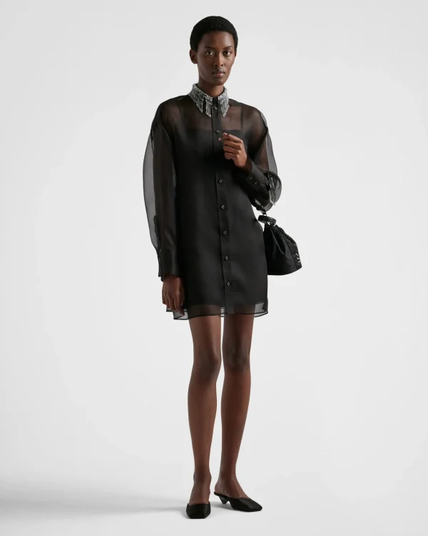 Dresses*Prada Embroidered organza mini-dress Black