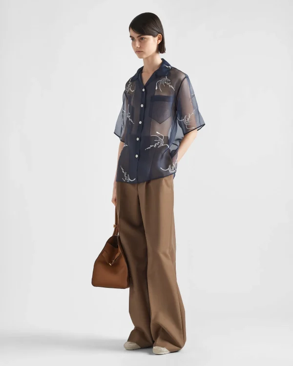 Shirts And Tops*Prada Embroidered organza shirt Inkblue