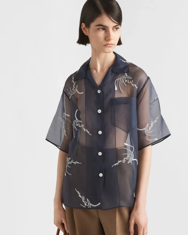 Shirts And Tops*Prada Embroidered organza shirt Inkblue