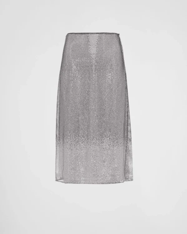 Skirts*Prada Embroidered rhinestone mesh midi-skirt Crystal