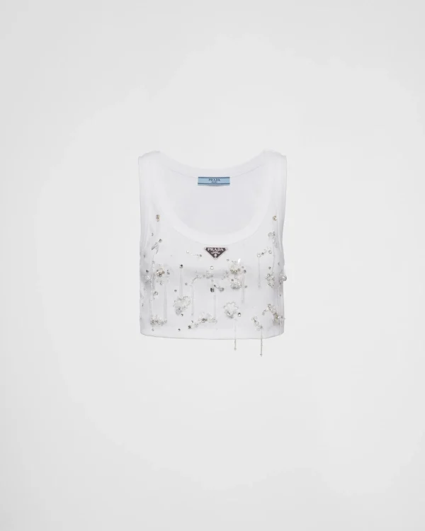 T-shirts And Sweatshirts | Shirts And Tops*Prada Embroidered ribbed knit jersey top White