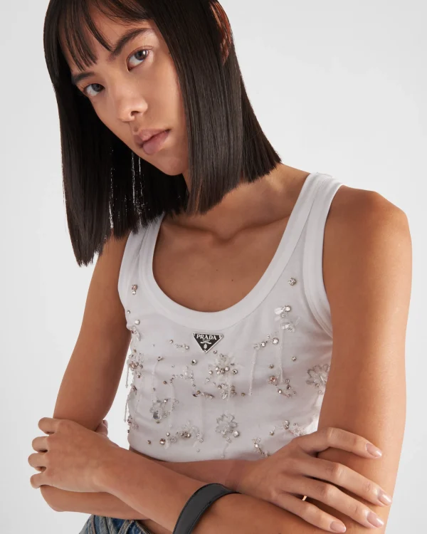 T-shirts And Sweatshirts | Shirts And Tops*Prada Embroidered ribbed knit jersey top White