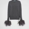 Knitwear*Prada Feather-trimmed cashmere crew-neck sweater Slategray