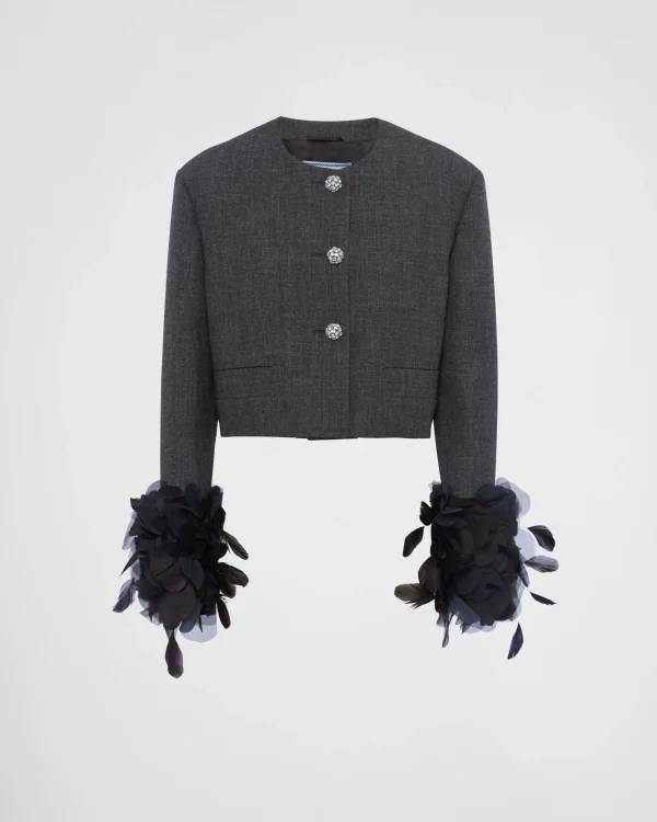 Jackets And Coats*Prada Feather-trimmed single-breasted wool jacket Slategray