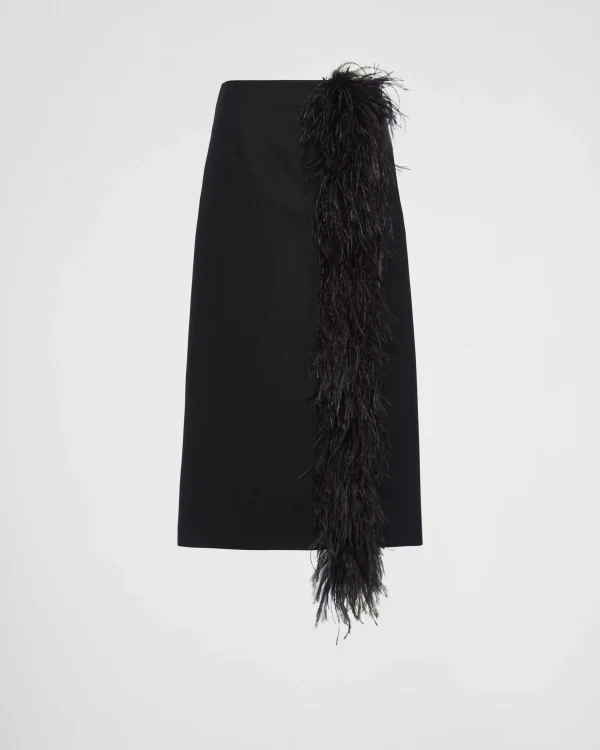 Skirts*Prada Feather-trimmed wool midi-skirt Black