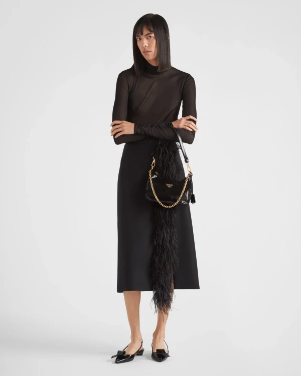 Skirts*Prada Feather-trimmed wool midi-skirt Black