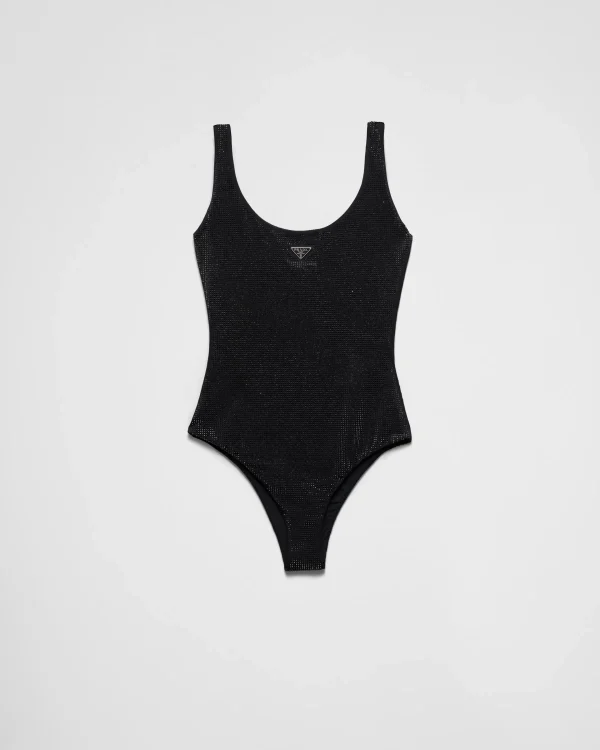 Swimwear*Prada Jersey one-piece swimsuit with rhinestones Black/fume