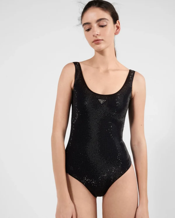 Swimwear*Prada Jersey one-piece swimsuit with rhinestones Black/fume