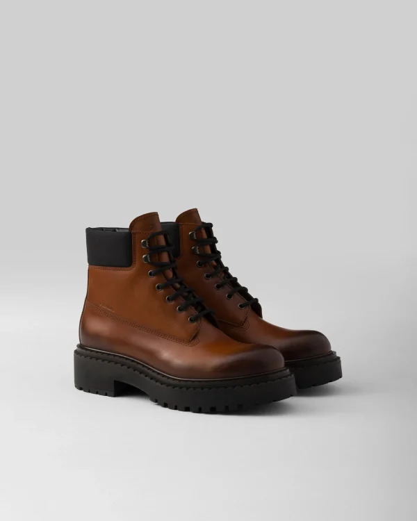 Boots*Prada Leather and Re-Nylon work boots Cognac