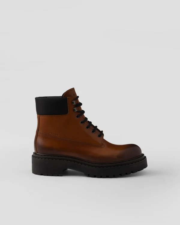 Boots*Prada Leather and Re-Nylon work boots Cognac