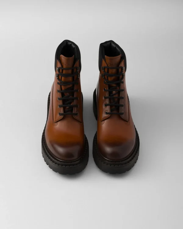 Boots*Prada Leather and Re-Nylon work boots Cognac