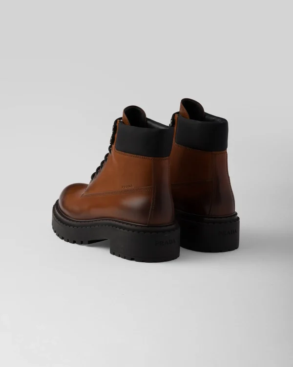 Boots*Prada Leather and Re-Nylon work boots Cognac